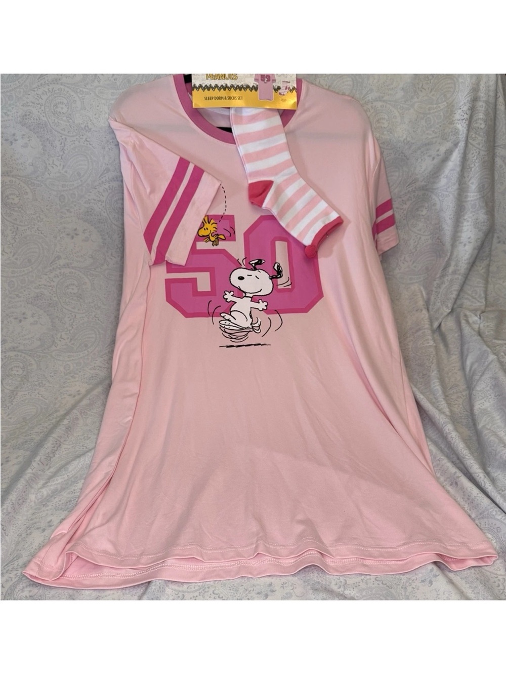 Peanuts Pink Snoopy & Woodstock Girls' Sleep Tee with Striped Socks - Picture 3 of 4